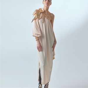 Julia Allert Luxury Elegance One-Sleeve Long Dress Rib Knit Peach Gold